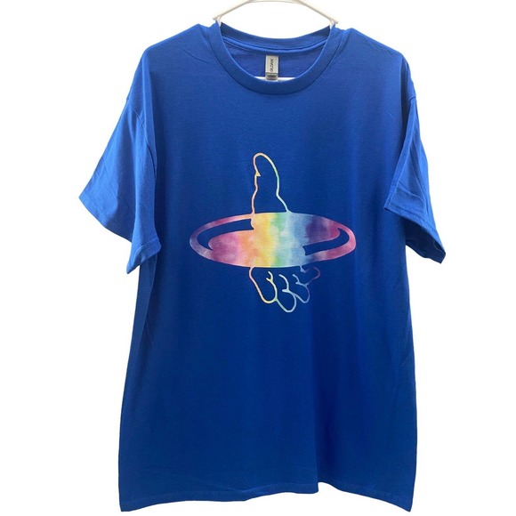 Disc Golf Shirt DISC In Hand Throwing Rainbow Vinyl Custom Logo L T-Shirt BLUE - Picture 1 of 7